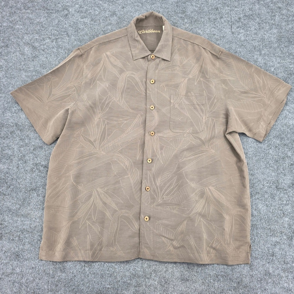 Caribbean Mens XL Short Sleeve Button Down Shirt Jacquard Leaf Taupe Camp Shirt